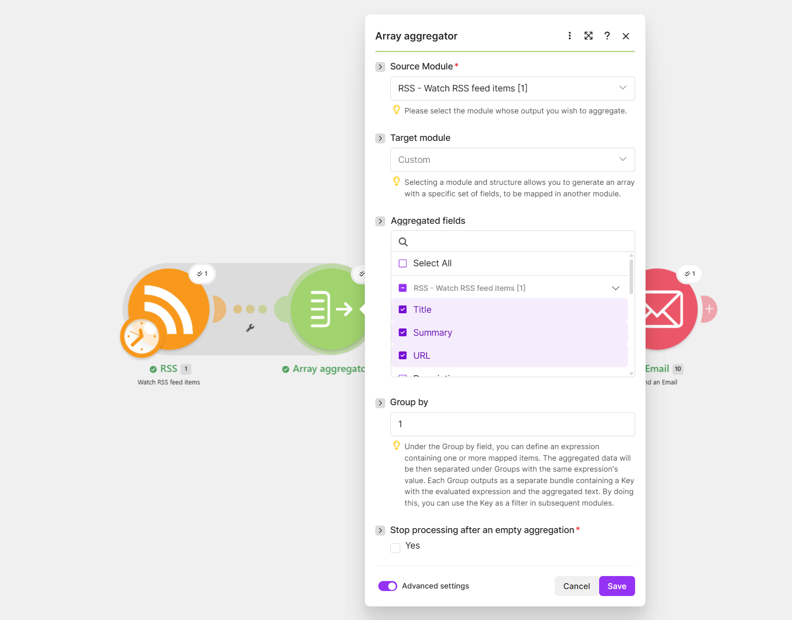 Make Array aggregator 설정 화면 — Source Module, Aggregated fields, Group by