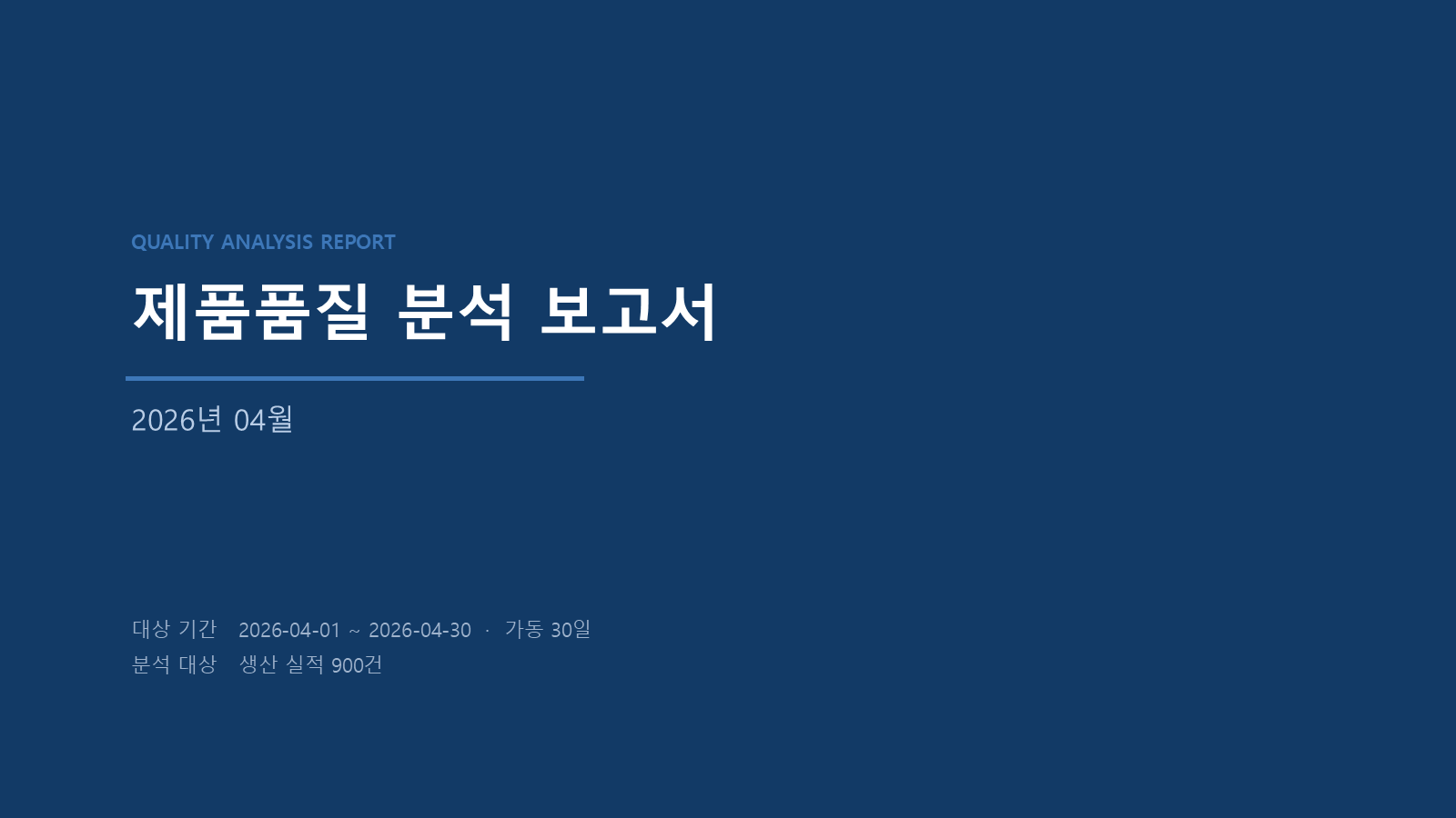 보고서 표지 슬라이드 — 제품품질 분석 보고서 2026년 04월, 대상 기간 2026-04-01~04-30 가동 30일, 분석 대상 생산 실적 900건