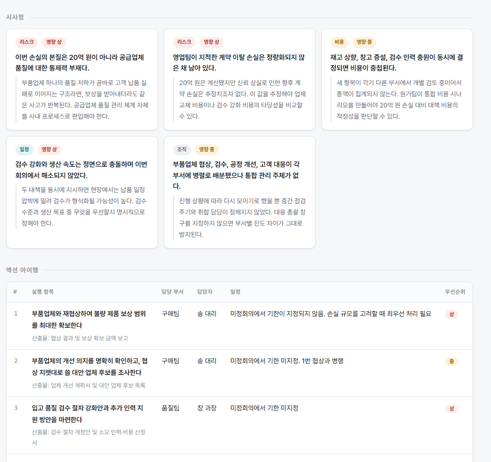 완성된 회의록 하단 — 시사점 카드들과 액션 아이템 표